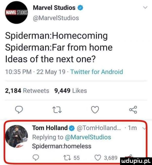 marcel studios. ma mums marvelstudios spiderman homecoming spidermanzfar from home ideas of tee nett one       pm    may    twitter for android       retweets       limes q b     tom holland. tomhoiiand. replying to marvelsludios spiderman home ess o ll          mel inupl