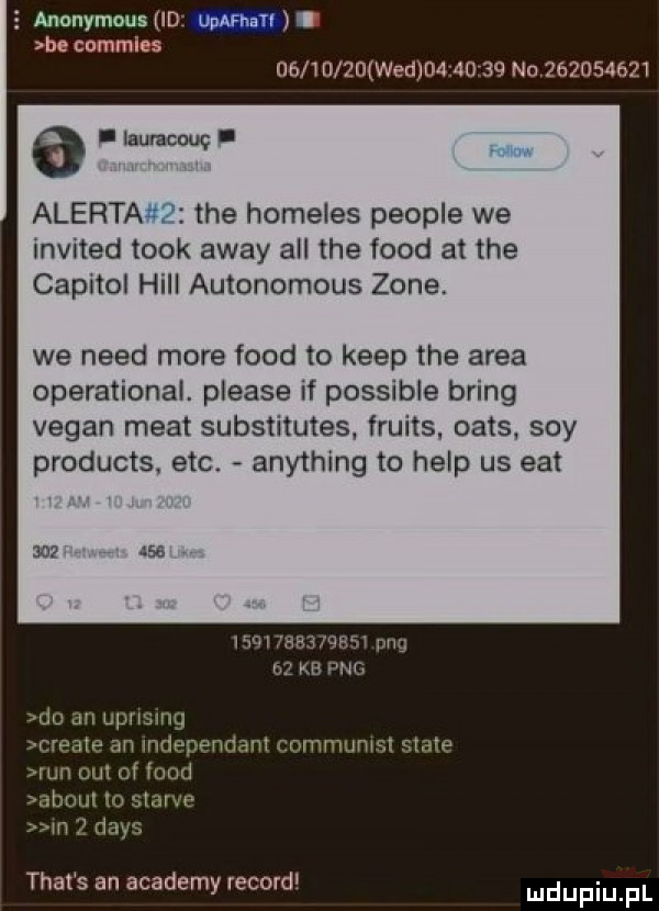 anonymous id upafhiti. be commies a. iaulacauę. alertar tee homeles people we invited tłok away all tee fond at tee capitol hill autonomous zone.          wed          nu           we nerd more fond to kiep tee arba operational. please if possible bring vegan maat substitutes. fruits. oats say products ebc. anything to help us edt nam pbg b pbg m an uprlsmg create an independent commumst skate run out of fond abdul io starce ln   dans trat s an anademy rekord