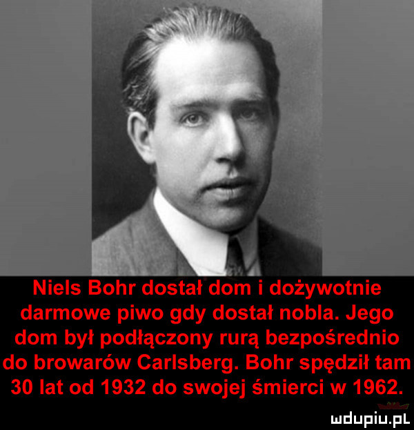 niels bohr dostał dom i dożywotnie darmowe piwo gdy dostał nobla. jego dom był podłączony rurą bezpośrednio do browarów carlsberg. bohr spędził tam    lat od      do swojej śmierci w