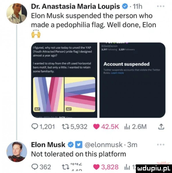dr. anastasia maria loupis mh egon munk suspended tee person who made a pedophilia flag. will dane egon h account suspended                  le    l   m l egon munk mlonnmsk  m a not tolerated on tais platform      mi