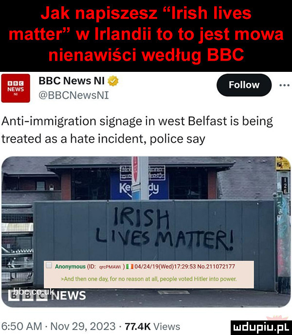 bbc news ni bbcnewsni anki immigration signage in west belfast is being treated as a hate incydent police say lwy mwmw       no znam    am niv            k vie
