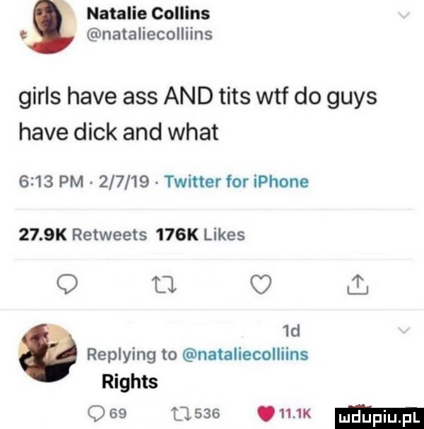 natalie collins e nataliecolliins girls hace abs and tips wtf do grys hace dick and wiat      pm        twitter for iphone     k retweets    k limes q fl ul.  d a replying to nataliecolliins rights      o         k