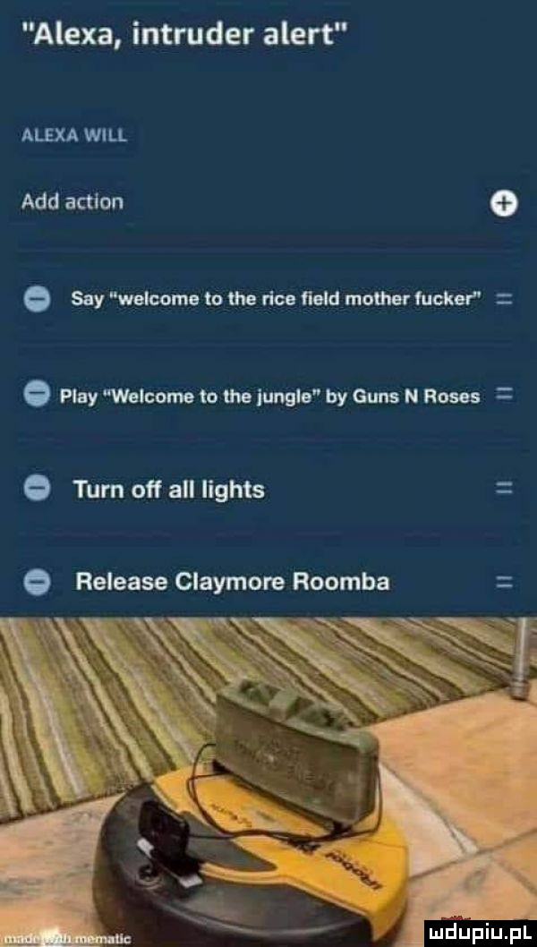 alexa intruder alert alexa will agd action   say welcome to tee rice field mather ﬂicker e play welcome to tee jungle by guns n roses tarn off all lights release claymore roomba. v w ą r  . ą xx    pwn