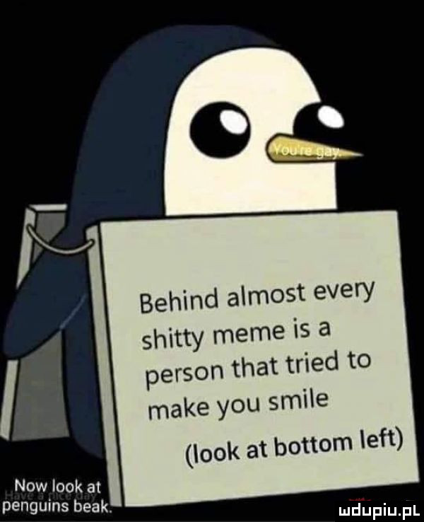 belind almost esery shifty mime is a person trat triad to make y-u stile look at buttom lift now look at penguins brak. imdupiupl