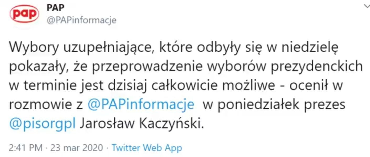pap e papinformacje wybory uzupełniające które odbyły się w niedzielę pokazały że przeprowadzenie wyborów prezydenckich w terminie jest dzisiaj całkowicie możliwe ocenił w rozmowie z papinformacje w poniedziałek prezes pisorgpl jarosław kaczyński.      pm    mar      twitter web aap