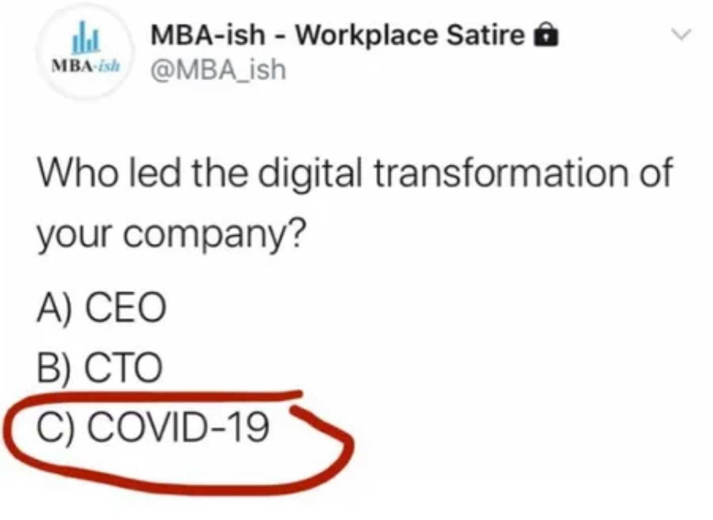 y mba ich workplace satire o mba m mba ich who led tee digital transformation of your company a ceo b ceo c covid