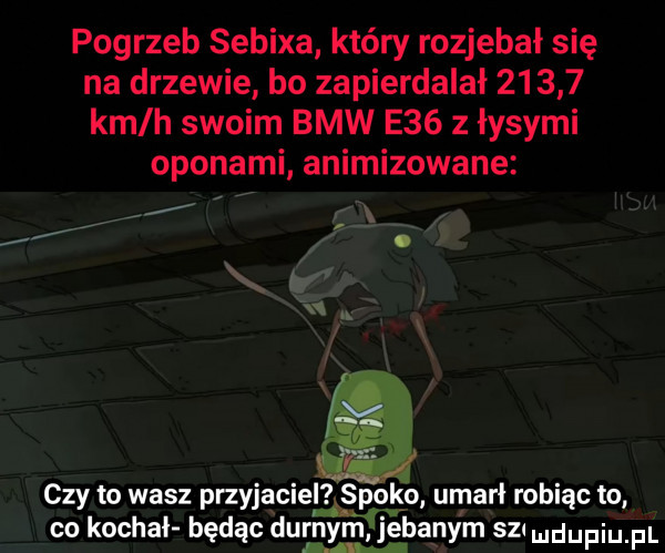 pogrzeb sebixa który rozjebał się na drzewie bo zapierdalał       km h swoim bmw e   z łysymi oponami animizowane.   czy to wasz pnyjacie poem umarł robiąc to co kochał będąc dułixr nśjle batym sz ndufiu fl