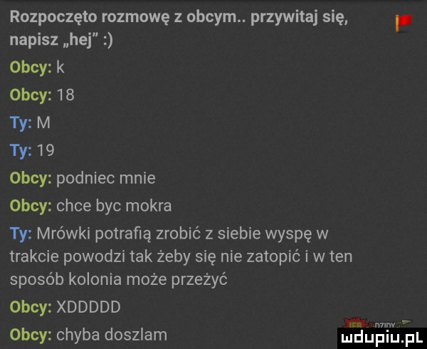 rozpoczęto rozmowę z obcym. przywitaj się f napisz hej obcy k obcy    ty m ty    okey podniec mnie obcy chce byc mokra ty mrówki potrafią zrobić z siebie wyspę w trakcie powodzi tak żeby się nie zatopić i w ten sposób kolonia moze przeżyć obcy xddddd mwmw obcy chyba doszlam