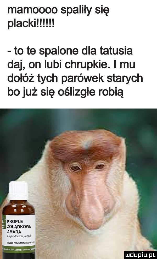 mamoooo spaliły się p akki to te spalone dla tatusia daj on lubi chrupkie. i mu dołóż tych parówek starych bo już się oślizgłe robią ludu iu. l