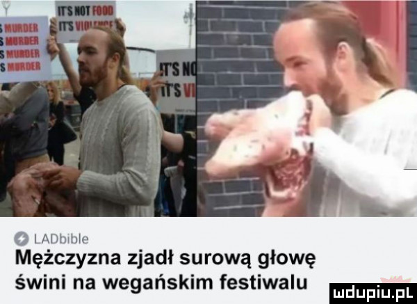 ż mmam mężczyzna zjadl surową głowę świni na wegańskim festiwalu