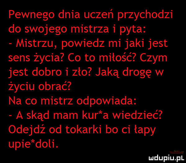 pewnego dnia uczeń przychodzi do swojego mistrza i pyta mistrzu powiedz mi jaki jest sens życia co to miłość czym jest dobro i zło jaką drogę w życiu obrać na co mistrz odpowiada a skąd mam kur a wiedzieć odejdź od tokarki bo ci łapy ucie doli