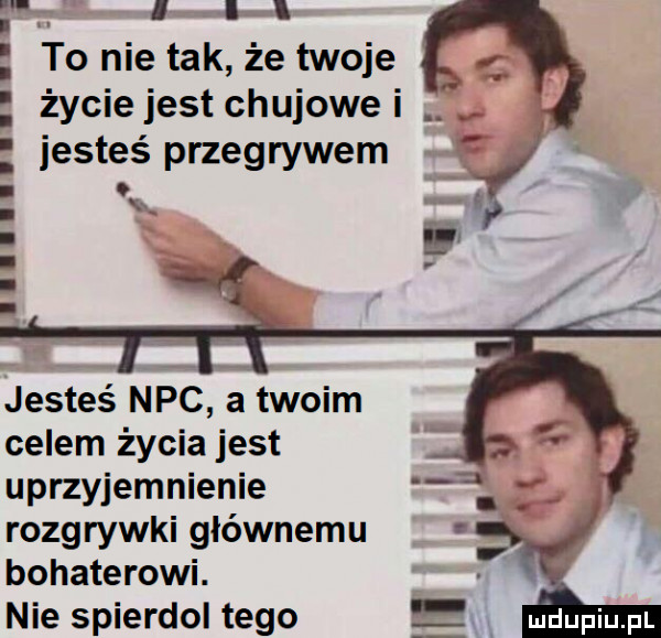 i e to nie tak że twoje. życie jest chujowe i jesteś przegrywem jesteś nbc a twoim celem życia jest uprzyjemnienie rozgrywki głównemu bohaterowi. nie spierdol tego