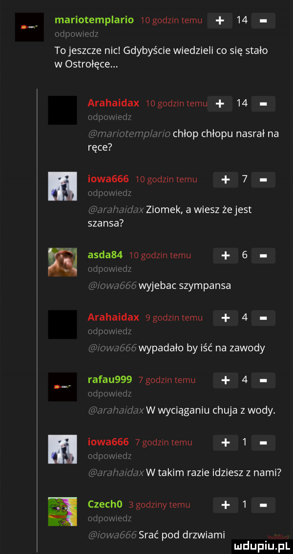 mariotemplario iogodzintemu    n i. to jeszcze nic gdybyście wiedzieli co się stało w ostrotecem arahaidax mgodzmtemu    m awomir jiang chłop chłopu nasrał na ręce iowagss iogodzintemu   w max ziomek a wiesz żejest szansa agd     godzmtemu   mi zi miewam wyjebac szympansa arahaidax  godzmtemu   mi rimw wm hyzi wypadało by iść na zawody raf-u     gudzmtemu   alwmxw wyciąganiu chuja z wody. iowa     g dzimemu   mi mmm abw ax w takim razie idziesz z nami czechd  godzmytemu   ara adm srać pod drzwiami mduplu pl