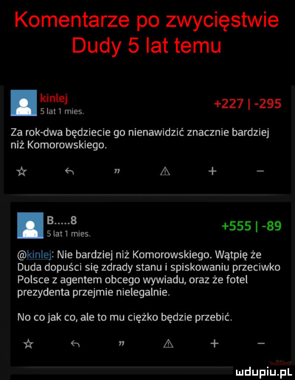 komentarze po zwycięstwie dudy   lat temu              lat   mies. za rokdwa będziecie go nienawidzić znacznie bardziej niż komorowskiego. śr w n a b.  . scat rules     i    kinlej nie bardziej niż komorowskiego. wątpię że duda dopuści się zdrady stanu i spiskowaniu przeciwko polsce z agentem obcego wywiadu oraz że fotel prezydenta przejmie nielegalnie no co jak co ale to mu ciężko będzie przebić. k a