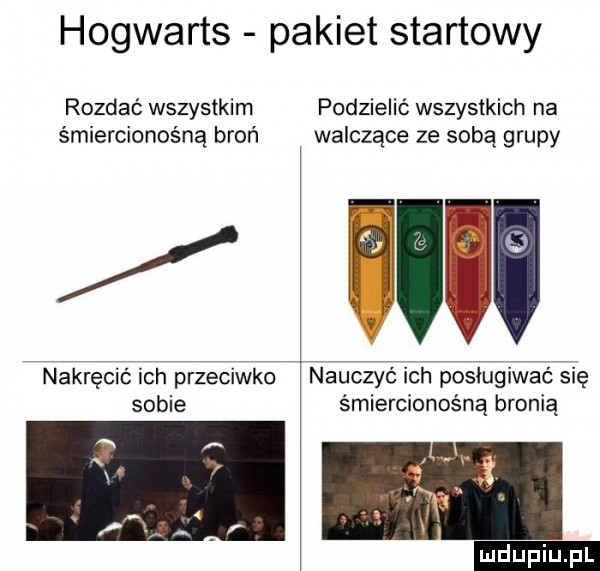 hogwarts pakiet startowy rozdać wszystkim podzielić wszystkich na śmiercionośną broń walczące ze sobą grupy nakręció ich przeciwko nauczyć ich posługiwać się sobie śmiercionośną bronią