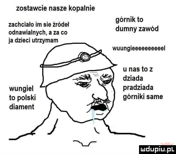 zostawcie nasze kopalnie górnik to zachcialo im sie źródeł. dumny zawod odnawialnych a za co ia dzieci utrzymam wuungieeeeaeaeeel u nas to dziada wungiel pradziada to polski górniki same diament