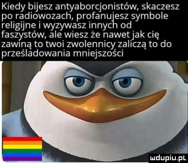 kiedy bijesz antyaborcjonistów skaczesz po radiowozach profanułeszd symbole religijne i wyzywasz innyc faszystów ale wiesz ze nawetjak cię zaćmą to twoi zwolennicy zaliczą to do prześladowania mniejszości