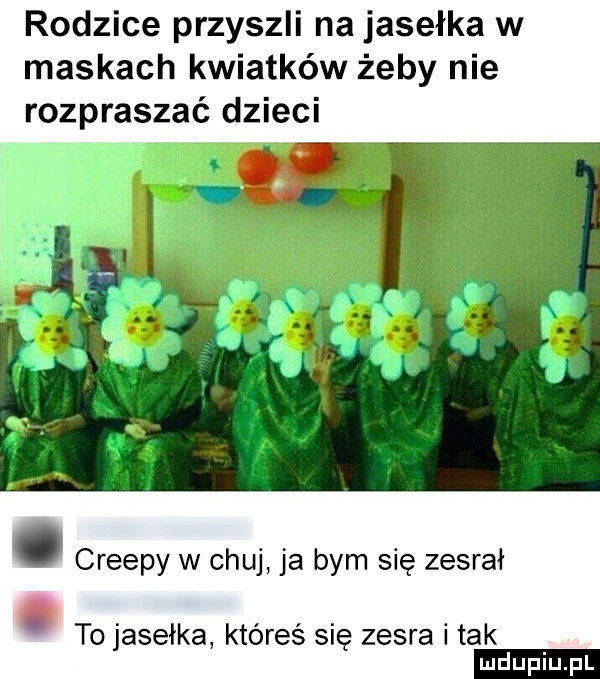 rodzice przyszli na jasełka w maskach kwiatków żeby nie rozpraszać dzieci. creepy w chuj ja bym się zesrał. to jasełka któreś się zesra i tak