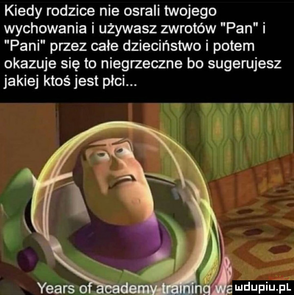 kiedy rodzice nie osrali twojego wychowania i uzywasz zwrotów pan i pani przez całe dzieciństwo i potem okazuje się to niegrzeczne bo sugerujesz jakiej ktoś jest płci. r i u lipiu pl