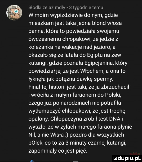 słodki ze aż mdły   tygodnie temu w moim wypizdziewie dolnym gdzie mieszkam jest taka jedna blond włosa panna która to powiedziała swojemu ówczesnemu chlopakowi ze jedzie z koleżanka na wakacje nad jezioro a okazało sie i ze latała do egiptu na zew katangi gdzie poznała egipcjanina który powiedziałjej ze jest włochem a ona to łyknęła jak potężna dawke spermy. finał tej historii jest taki zuja zbrzuchacił i wróciła z małym faraonem do polski czegojuż po narodzinach nie potrafiła wytłumaczyć chłopakowi ze jest trochę opalony. chłopaczyna zrobił test dna i wyszło ze w żyłach małego faraona płynie nil a nie wisła pozdro dla wszystkich polek co to za   minuty czarnej katangi zapomniały co jest pięć