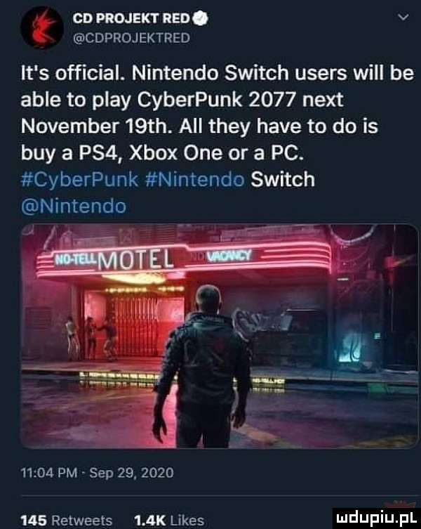 co mm na. v cdprojektred it s official. nintendo switch users will be able to play cyberpunk      nett nowember   th. all they hace to do is boy a ps  xbox one or a pc. cyberpunk nintendo switch nintendo       pm sep   .          relweets    k limes