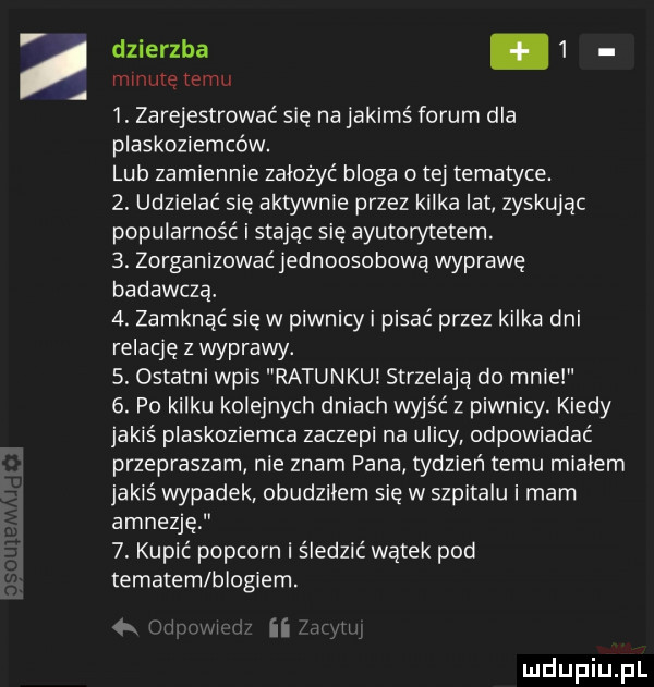 k dzierzba   mmure temu i zarejestrować się na jakimś forum dla plaskoziemców. lub zamiennie założyć bloga o tej tematyce.  . udzielać się aktywnie przez kilka lat zyskując popularność i stając się ayutory tatem.  . zorganizować jednoosobową wyprawę badawczą.  . zamknąć się w piwnicy i pisać przez kilka dni relację z wyprawy.   ostatni wpis ratunku strzelają do mnie  . po kilku kolejnych dniach wyjść z piwnicy. kiedy jakiś plaskoziemca zaczepi na ulicy odpowiadać przepraszam nie znam pana tydzień temu mlaiem jakiś wypadek obudziłem się w szpitalu i mam amnezję  . kupić popcorn i śledząc wątek pod tematem blogiem. ii w