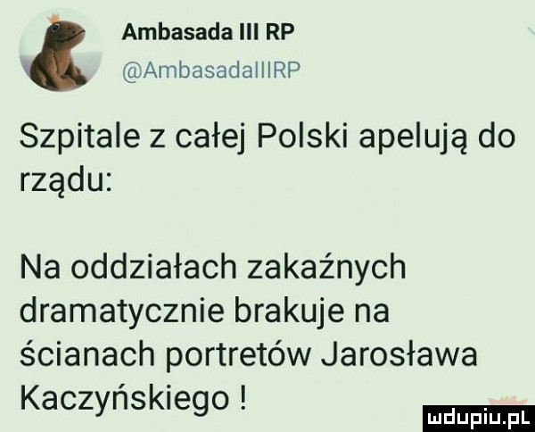 ambasada iii rp ambasadalllrp szpitale z całej polski apelują do rządu na oddziałach zakaźnych dramatycznie brakuje na ścianach portretów jarosława. kaczynskiego