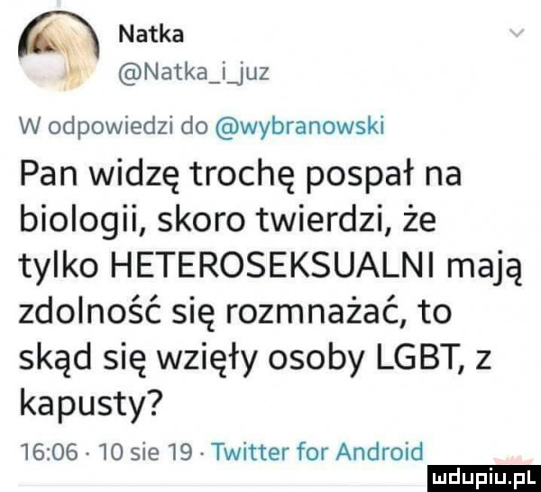 m natka natka i juz w odpowiedzi do wybranowski pan widzę trochę pospał na biologii skoro twierdzi że tylko heteroseksualni mają zdolność się rozmnażać to skąd się wzięły osoby lgbt z kapusty        o sie    twitter for android ludu iu. l