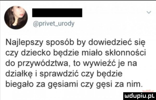 a pnvotiurody najlepszy sposób by dowiedzieć się czy dziecko będzie miało skłonności do przywództwa to wywieźć je na działkę i sprawdzić czy będzie biegało za gęsiami czy gęsi za nim. ludu iu. l