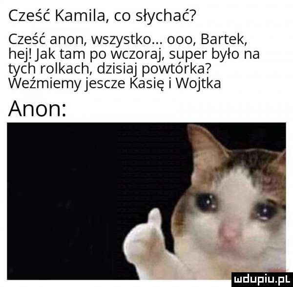 cześć kamila co słychać cześć agon wszystko. ooo bartek hej jak tam po wczoraj super było na tych rolkach dzisiaj powtórka weźmiemyjescze kasię i wojtka agon ludu iu. l