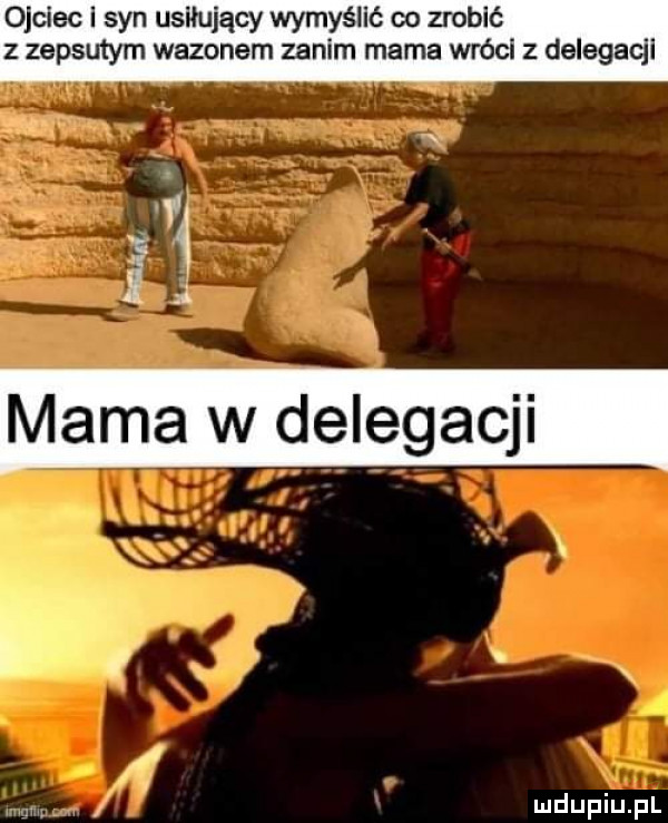 ojciec i syn usiłujący wymyślić co zrobić z zepsutym wazonem zanim mama wróci z delegan    mama w delegacji