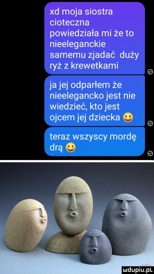 cioteczna powiedziała mi że to nieeleganckie samemu zjadać duży ryż z krewetkami ja jej odparłem że nieelegancko jest nie wiedzieć kto jest ojcem jej dziecka teraz wszyscy mordę drą q