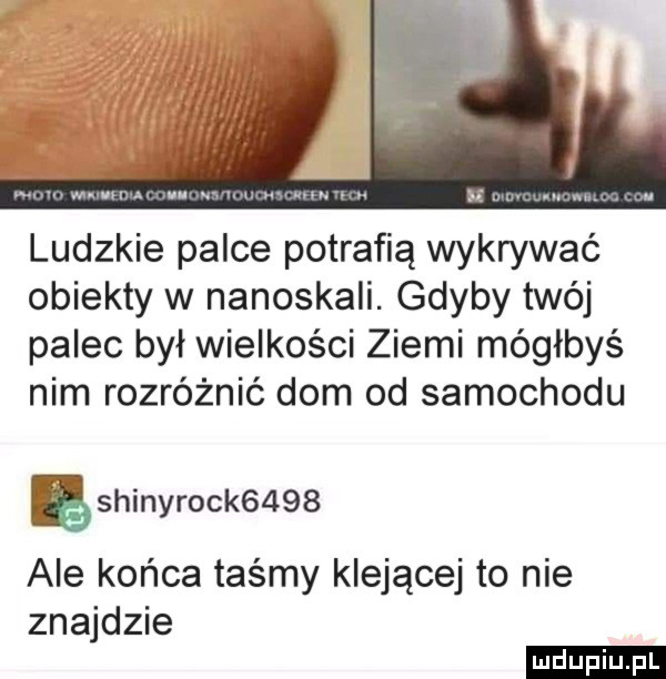 ludzkie palce potrafią wykrywać obiekty w nanoskali. gdyby twój palec był wielkości ziemi mógłbyś nim rozróżnić dom od samochodu ęshinyrock     ale końca taśmy klejącej to nie znajdzie