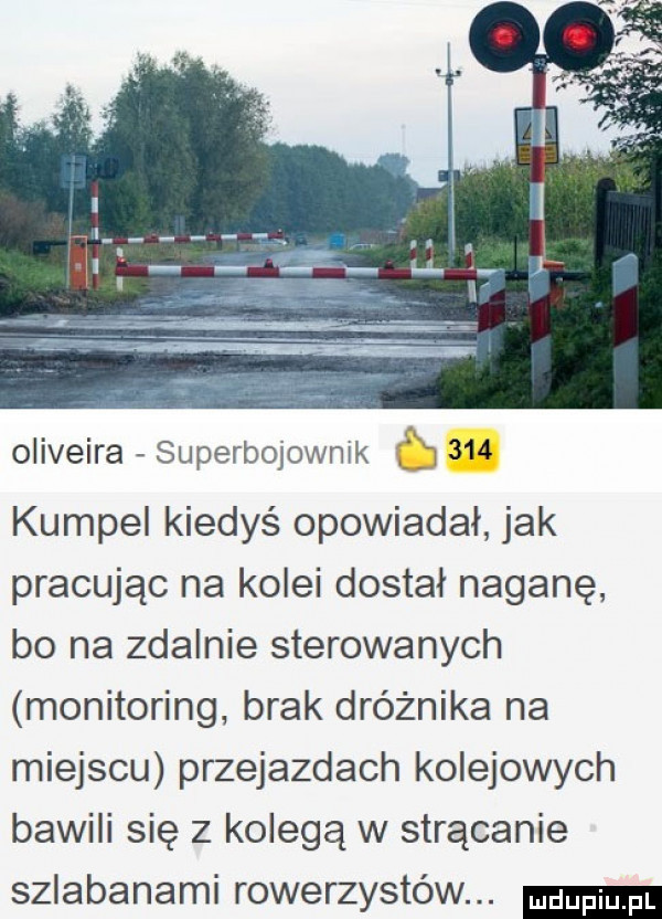 oliveira superbojownik. kumpel kiedyś opowiadał jak pracując na kolei dostał naganę bo na zdalnie sterowanych monitoring brak dróżnika na miejscu przejazdach kolejowych bawili się z kolegą w strącanie szlabanami rowerzystów