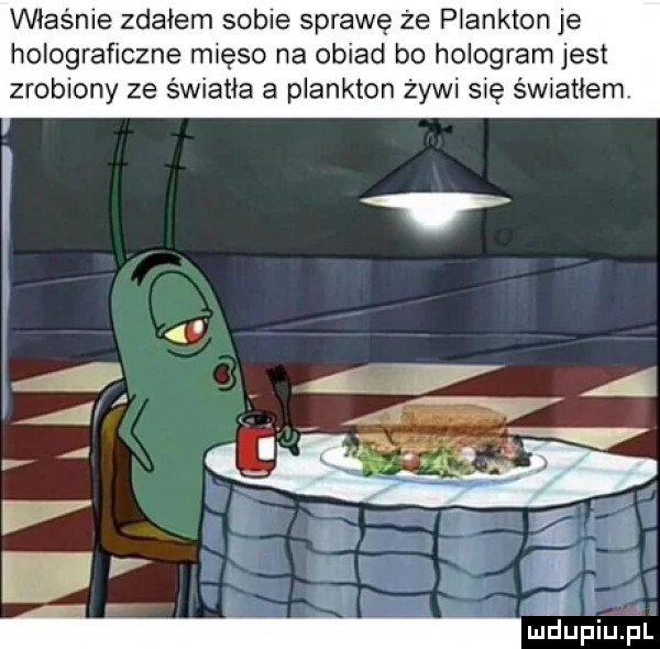 właśnie zdałem sobie sprawę że plankton je holograficzne mięso na obiad bo hologram jest zrobiony ze światła a plankton żywi się światłem