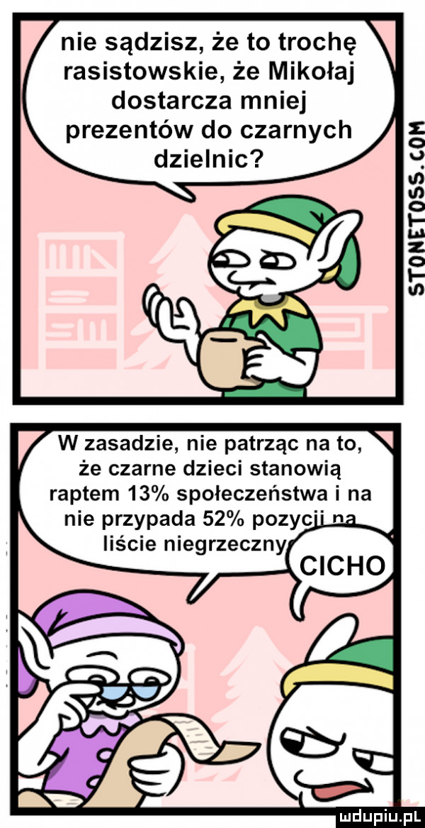 nie sądzisz że to trochę rasistowskie że mikołaj dostarcza mniej prezentów do czarnych dzielnic stonetoss. com