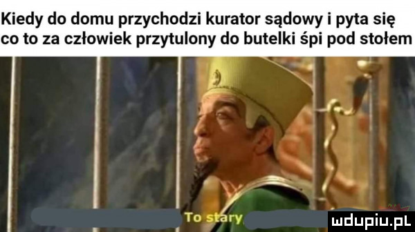 kiedy do domu przychodzi kurator sądowy i pyta się co to za człowiek przytulony do butelki śpi pod stołem