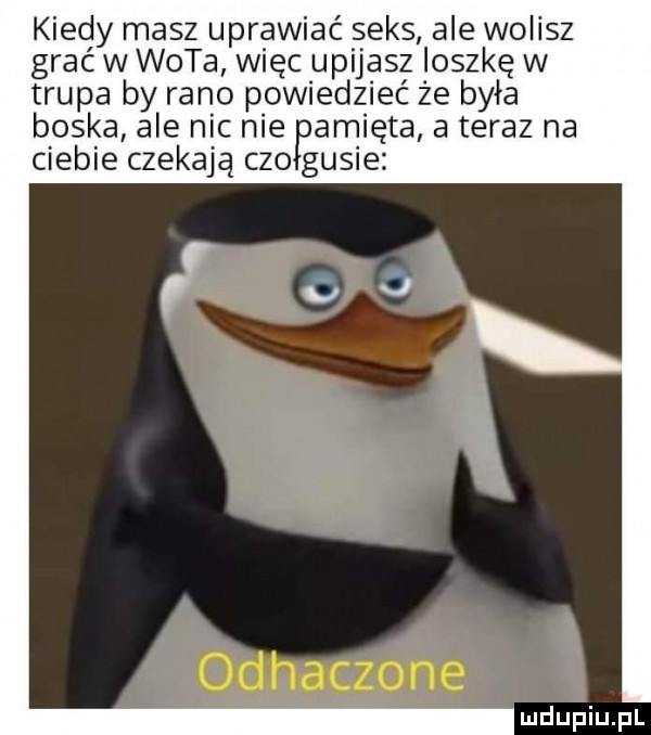 kiedy masz uprawiać seks ale wolisz grać w wota więc upijasz ioszkę w trupa by rano powiedzieć że była boska ale nic nie amięta a teraz na ciebie czekają ceo gęsie