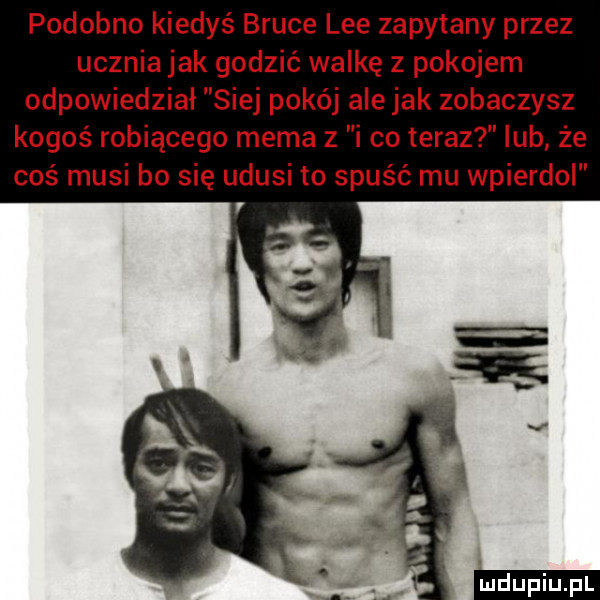podobno kiedyś bruce lee zapytany przez ucznia jak godzić walkę z pokojem odpowiedział siej pokój ale jak zobaczysz kogoś robiącego mema z i co teraz lub że coś musi bo się udusi to spuść mu wpierdol