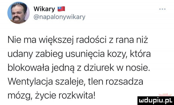 wikary. napalonywikary nie ma większej radości z rana niż udany zabieg usunięcia kozy która blokowała jedną z dziurek w nosie. wentylacja szaleje tlen rozsadza. abakankami. mozg zycie roszita