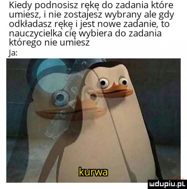 kiedy podnosisz rękę do zadania które umiesz i nie zostajesz wybran ale gdy odkładasz rękę ijest nowe za anie to nauczycielka cię wybiera do zadania którego nie umiesz ja