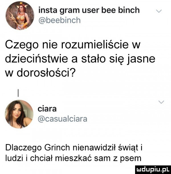 insta gram umer bee binch beebinch czego nie rozumieliście w dzieciństwie a stało się jasne w dorosłości ciara casualciara dlaczego grinch nienawidził świąt i ludzi i chciał mieszkać sam z psem ludu iu. l