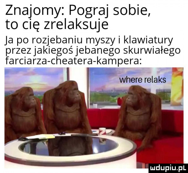 znajomy. pograj sobie to cię zrelaksuje ja po rozjebaniu myszki klawiatury przezjakiegośjebanego skurwiałego farciarza chestera kampera where relaks