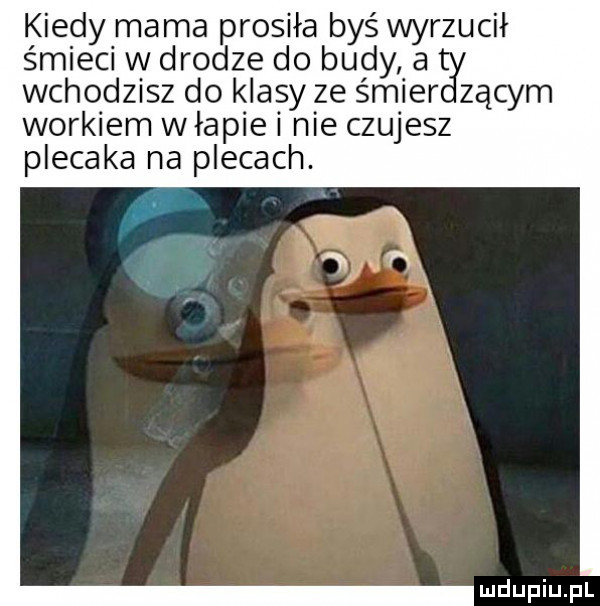 kiedy ma ma prosiła byś wyrzucił śmieci w drodze do budyaa wchodzisz do klasy ze ścier zącym workiem wrapie nie czujesz plecaka na plecach