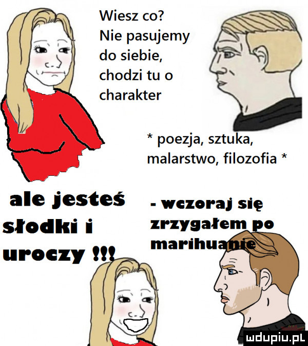 wiesz co nie pasujemy do siebie chodzi tu o charakter poezja sztuka malarstwo filozofia ale jesteś wczoraj się słodki i zrzygałem o