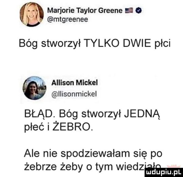 marjorie taylor greene i o mtgreenee bóg stworzył tylko dwie płci allison mickei ilisonmickel błąd. bóg stworzył jedną płeć i żebro. ale nie spodziewałam się po żebrze żeby o tym wiedzom