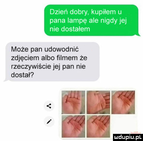 dzień dobry kupiłem u pana lampę ale nigdy jej nie dostałem może pan udowodnić zdjęciem albo ﬁlmem że rzeczywiście jej pan nie dostał ludu iu. l