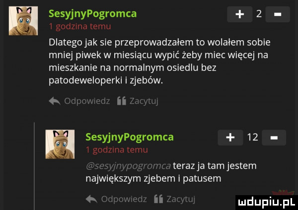 sesyjnypogromca   i godzma emu dlatego jak sie przeprowadzałem to wolalem sobie mniej piwek w miesiącu wypić żeby miec wiecej na mieszkanie na normalnym osiedlu bez patodeweloperki i zjebów. abakankami ii sesyjnypogromca    igodwna temu u terazja tamjestem największym zjebem i patusem ii