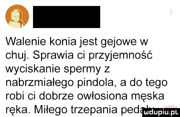 q walenie konia jest gajowe w chuj. sprawia ci przyjemność wyciskanie spermy z nabrzmiałego pindola a do tego robi ci dobrze owłosiona meska ręka. miłego trzepania padam