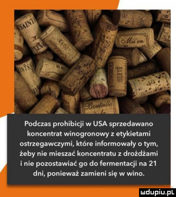 podczas prohibicji w usa sprzedawano koncentrat winogronowy etykietami ostrzegawczymi które informowały o tym. żeby nie mieszać koncentratu z drożdżami i nie pozostawiać go do fermentacji na    dni ponieważ zamieni się w wino